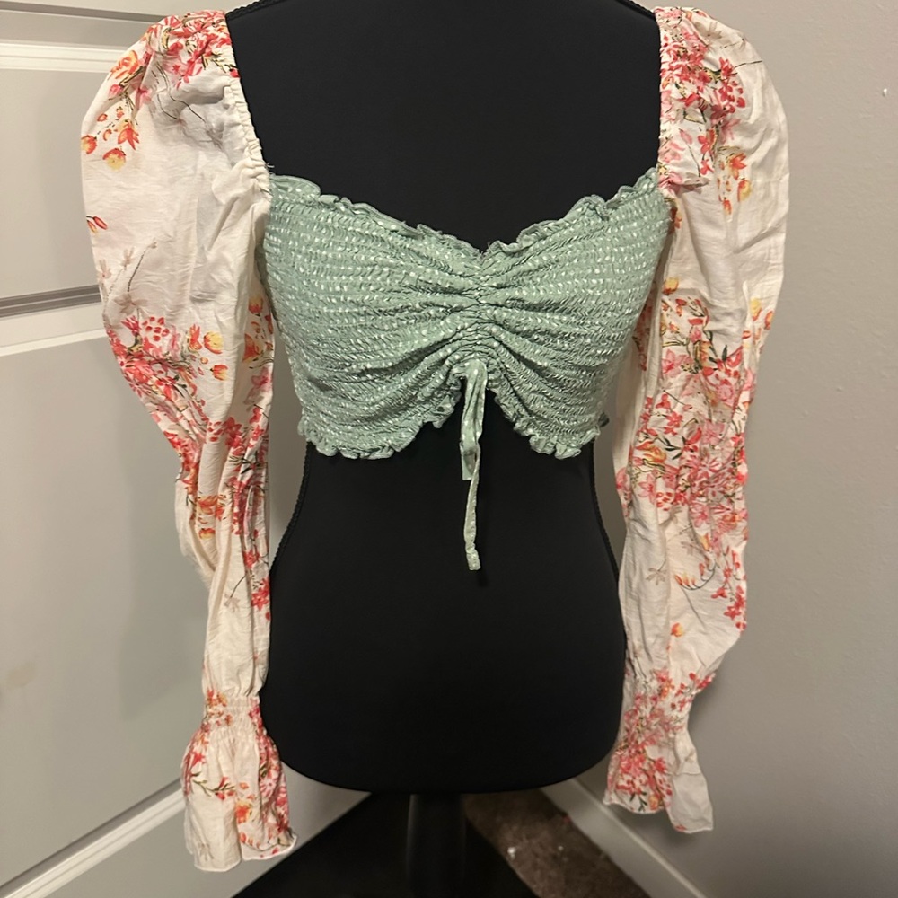 OVIANCA Fairycore Cottagecore Smocked Crop Top Puff Sleeve Boho Blouse - Picture 2 of 3